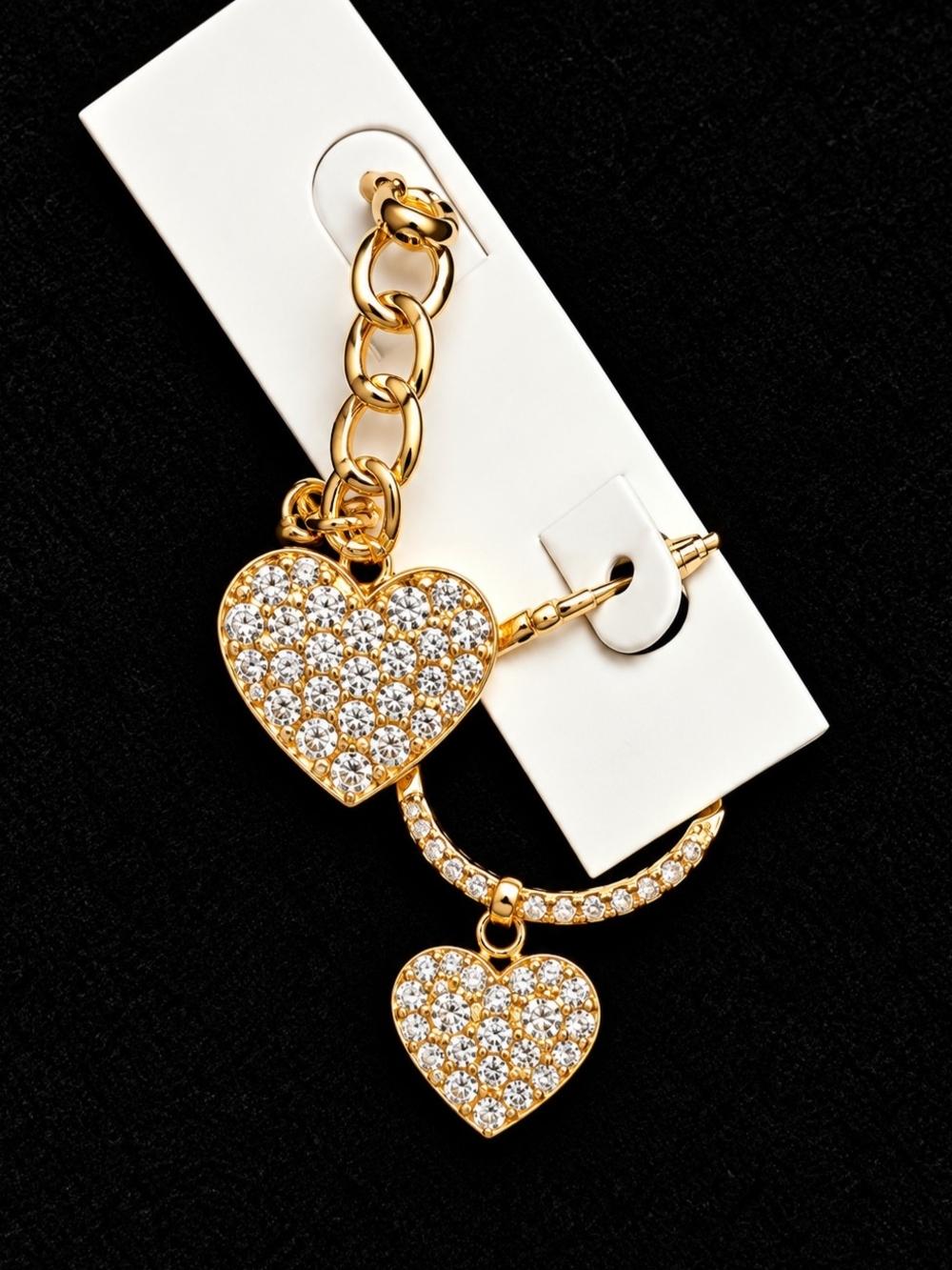 Gold Heart Charm Hoop Earrings with Crystal Pavé